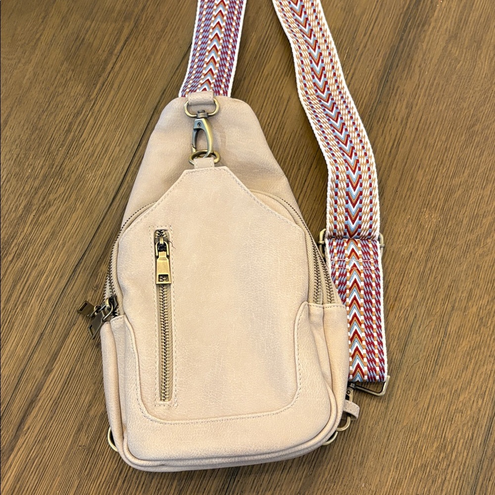 Beige Crossbody Bag with Patterned Strap